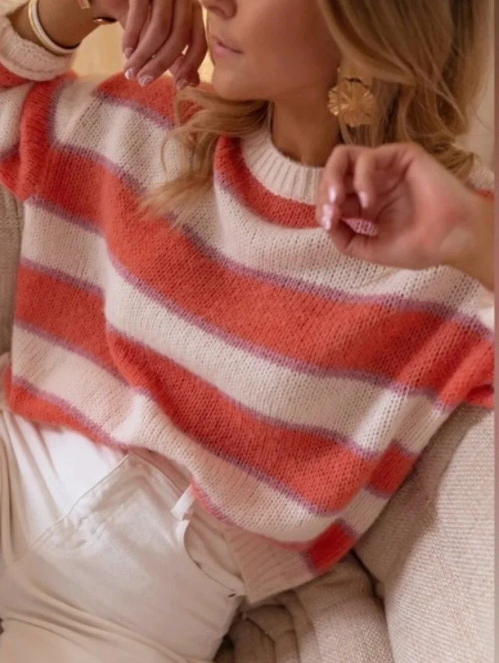 SeaSon Cree Avec Amore‎ Sweater Striped Mohair Crewneck Coral Pink